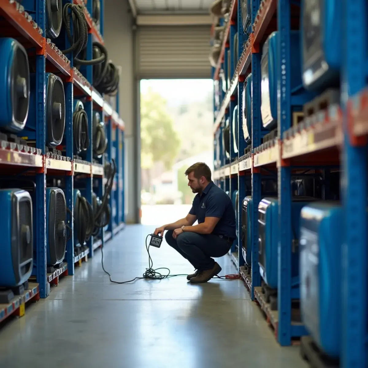Air movers and dehumidifiers staged for a water damage job in Cypress, California