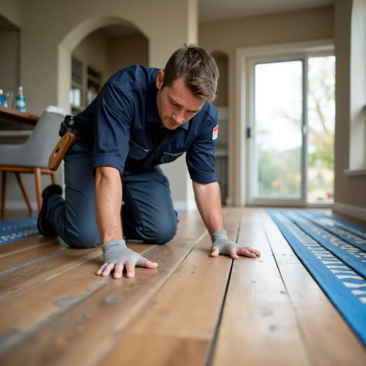 Technician checking moisture on cupped hardwood under floor drying mats in Cypress California