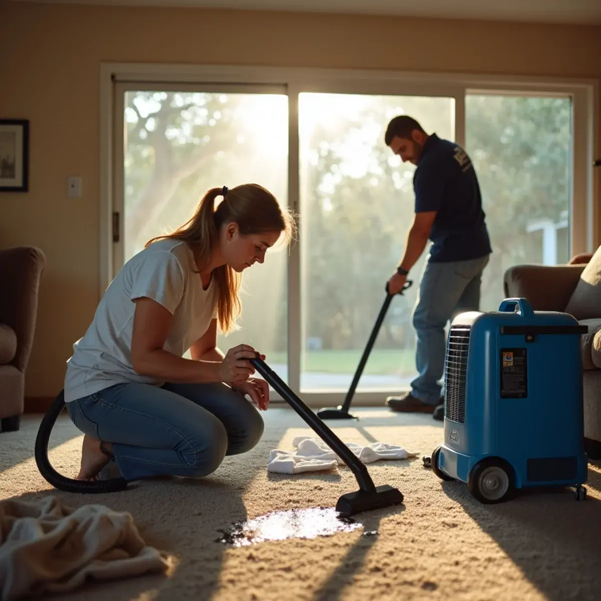 Homeowner drying carpet with a shop vacuum as a restoration technician sets professional drying equipment