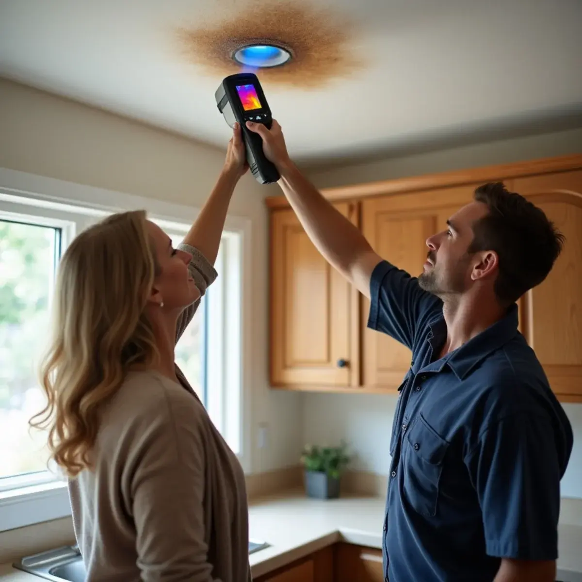 Technician scanning a stained ceiling with a thermal camera while a homeowner watches in Cypress California