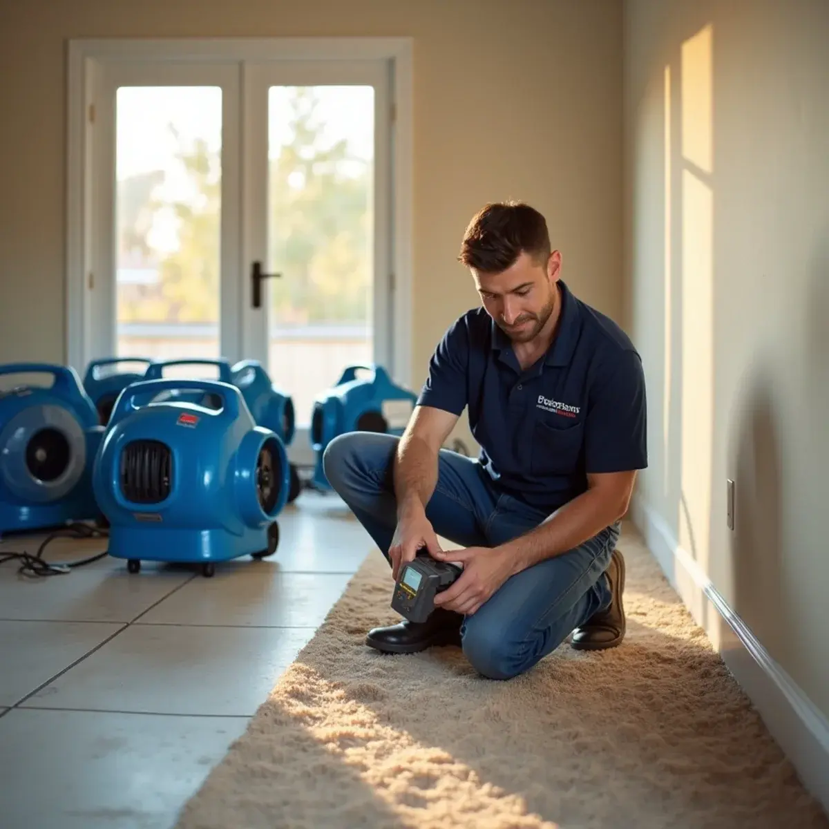 Technician checking moisture levels during structural drying in a Cypress living room