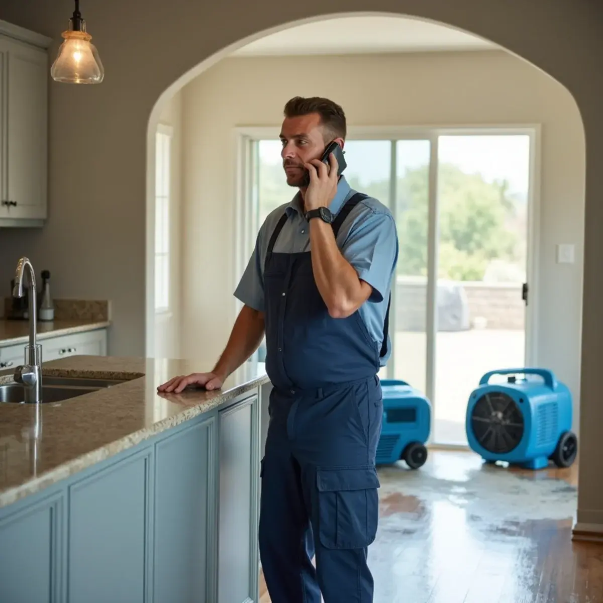 Homeowner on the phone starting a water damage insurance claim while drying equipment runs in Cypress