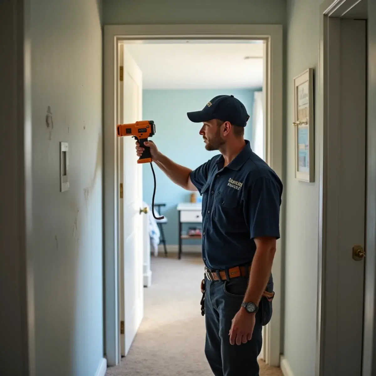 Technician scanning a hallway wall with a thermal camera to find hidden water damage in Cypress