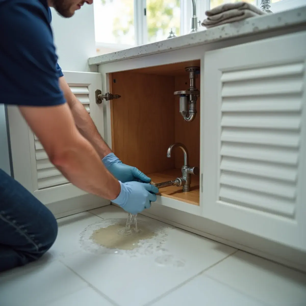 Clean water Category 1 leak from a burst supply line under a bathroom vanity