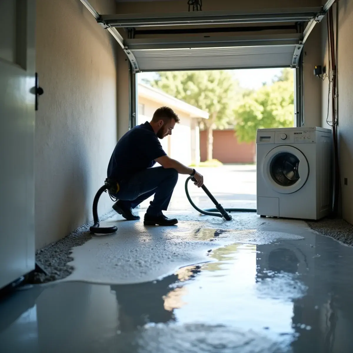 Gray water Category 2 washing machine overflow being extracted in a Cypress garage laundry