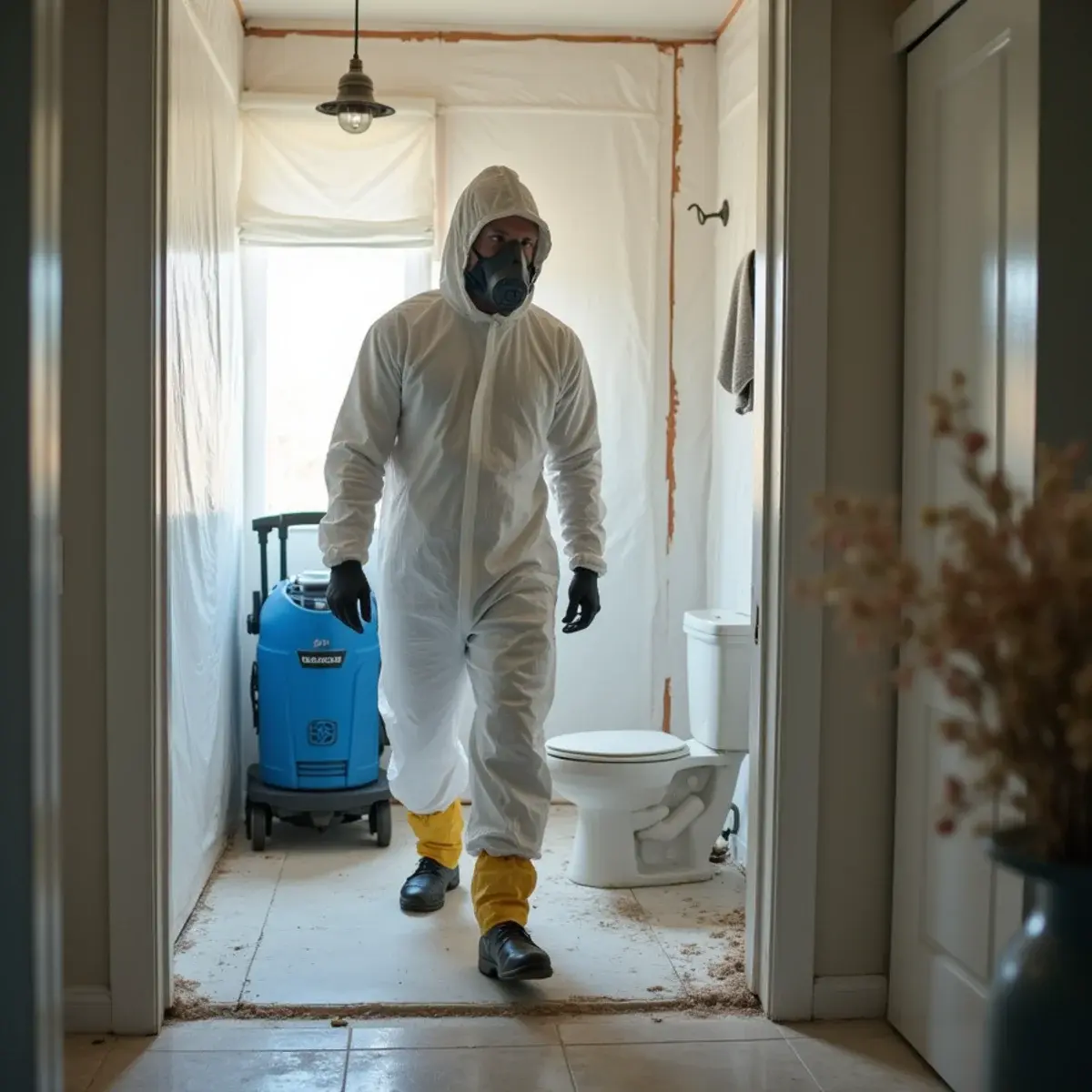 Category 3 black water cleanup with containment and PPE in an Orange County bathroom