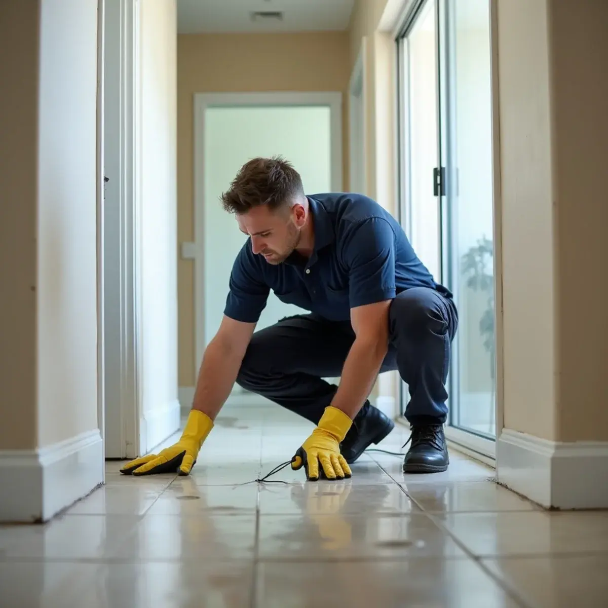 Water damage technician testing moisture at a baseboard to classify water category in Cypress