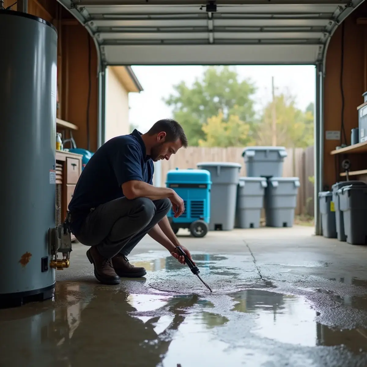 Restoration technician inspecting a leaking water heater flooding a garage slab in Cypress, California