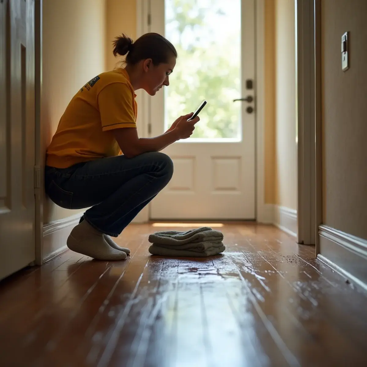 Homeowner responding to spreading water in a hallway during the first minutes of water damage