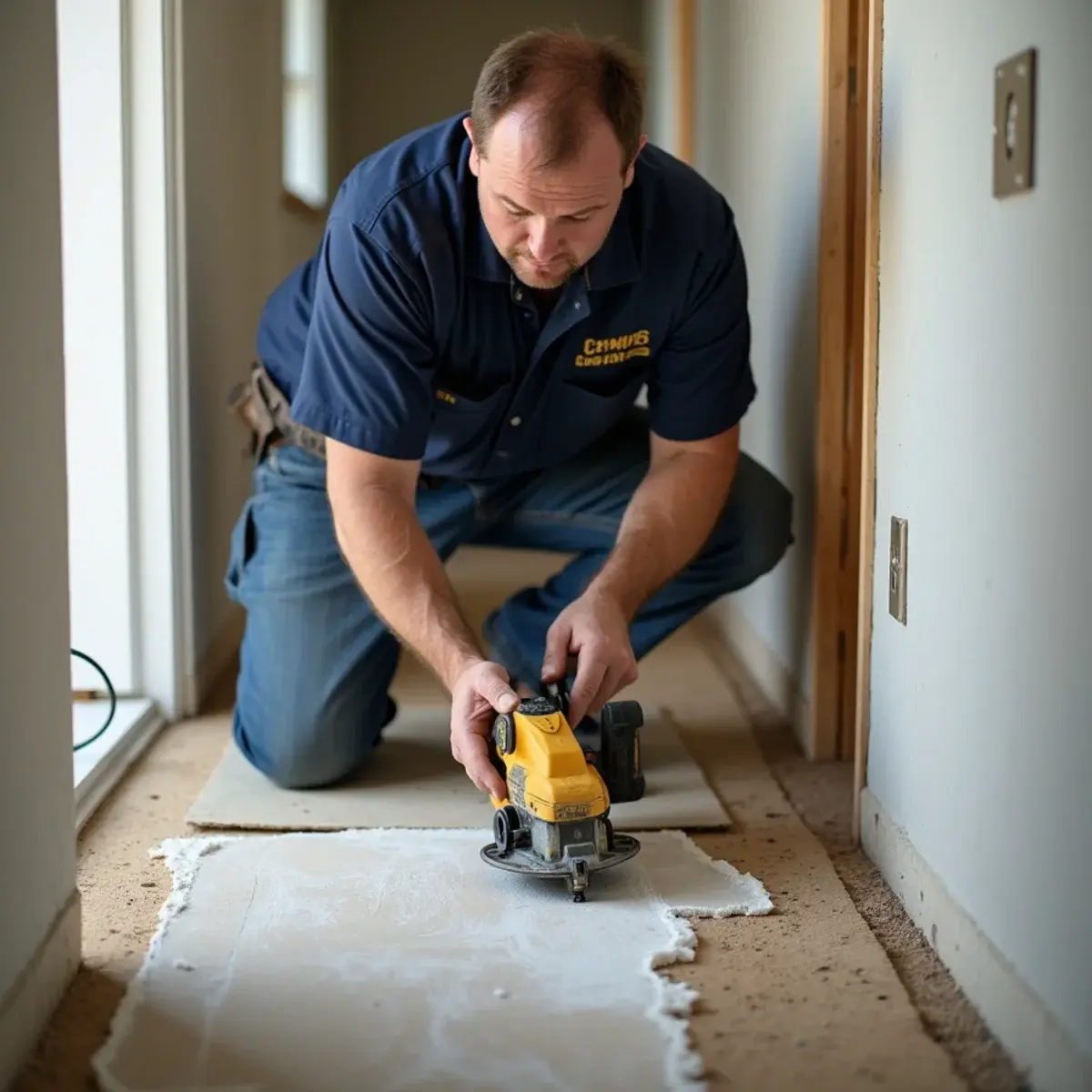 Technician cutting away wet drywall to expose a burst copper pipe in a Cypress home