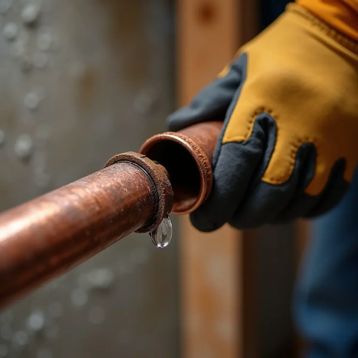 Close-up of a pinhole burst copper supply line inside a wet wall cavity