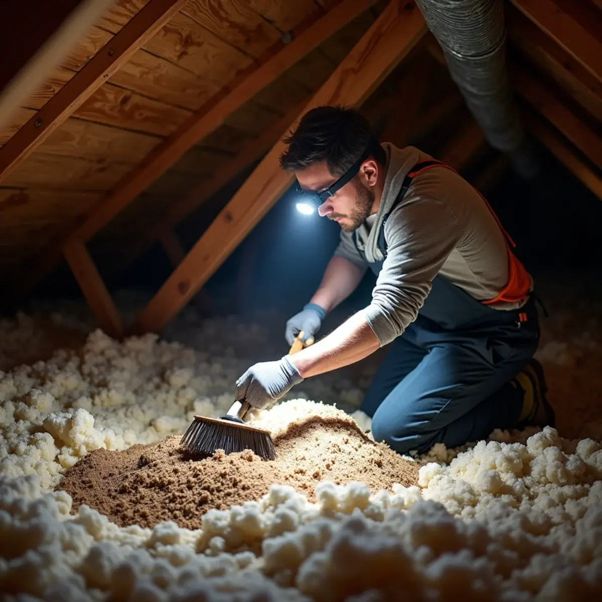 Crew removing soaked attic insulation after a tile roof leak in north Orange County