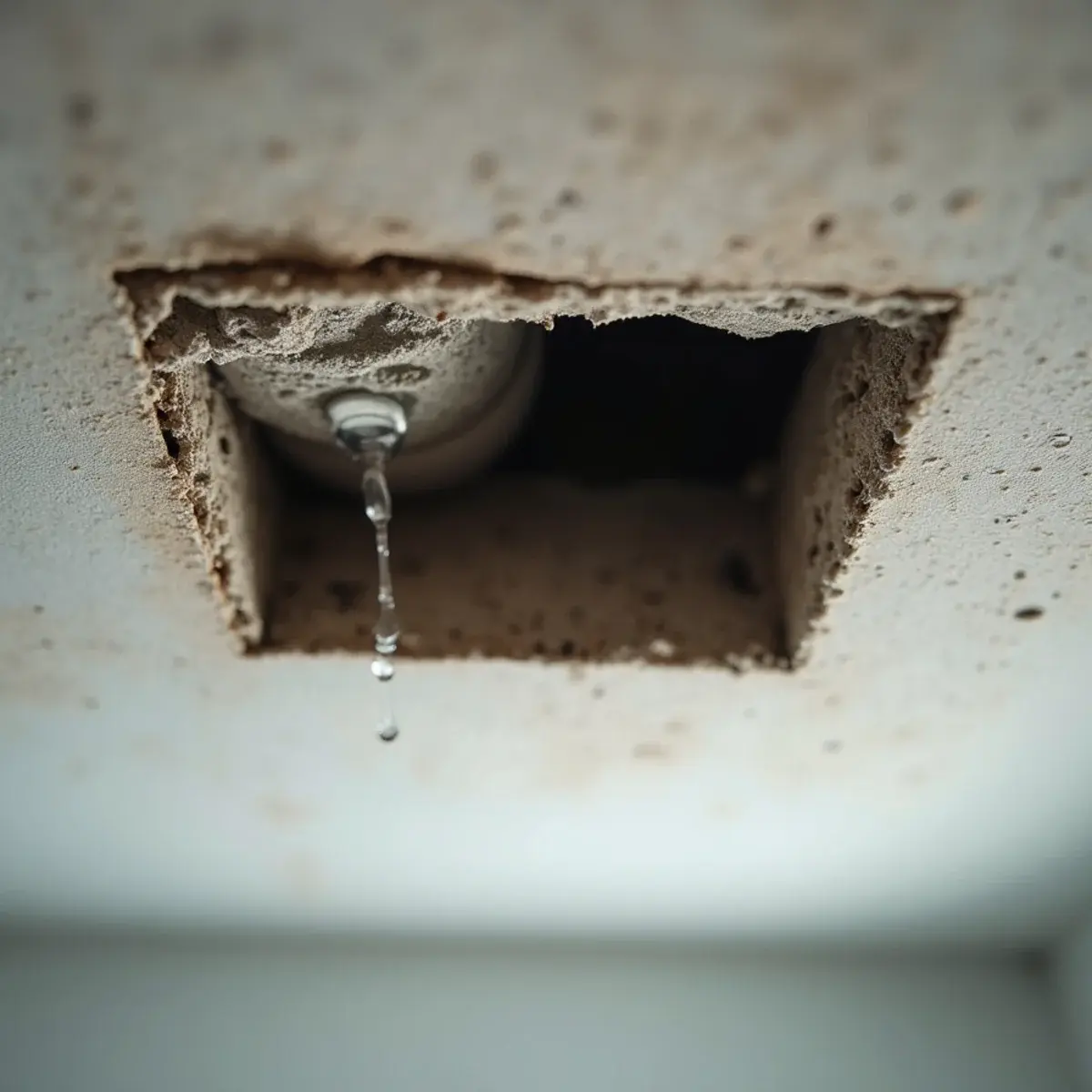 Inspection cut in a textured ceiling exposing damp framing after a roof leak in Cypress