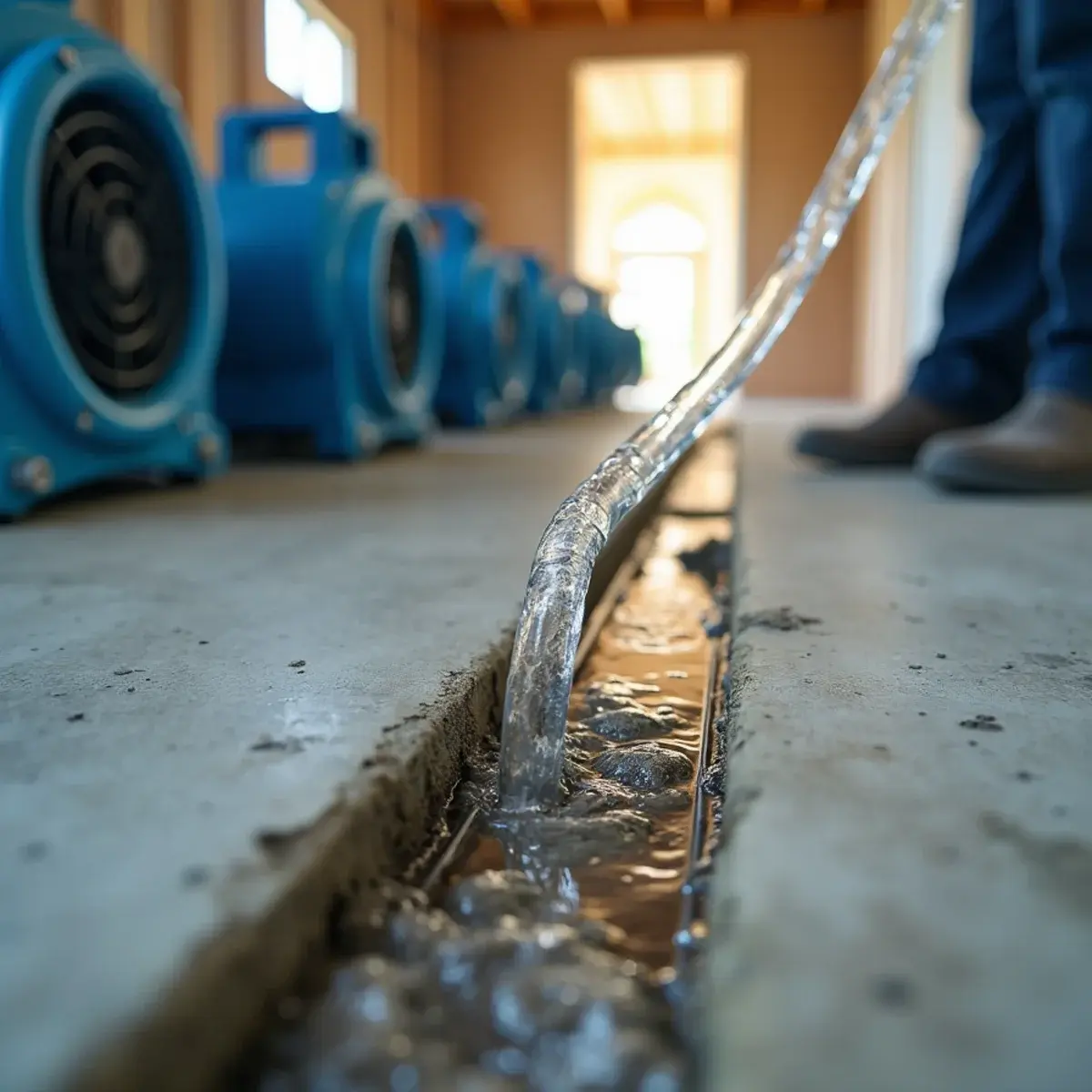 LGR dehumidifier draining condensate beside air movers in a commercial drying setup