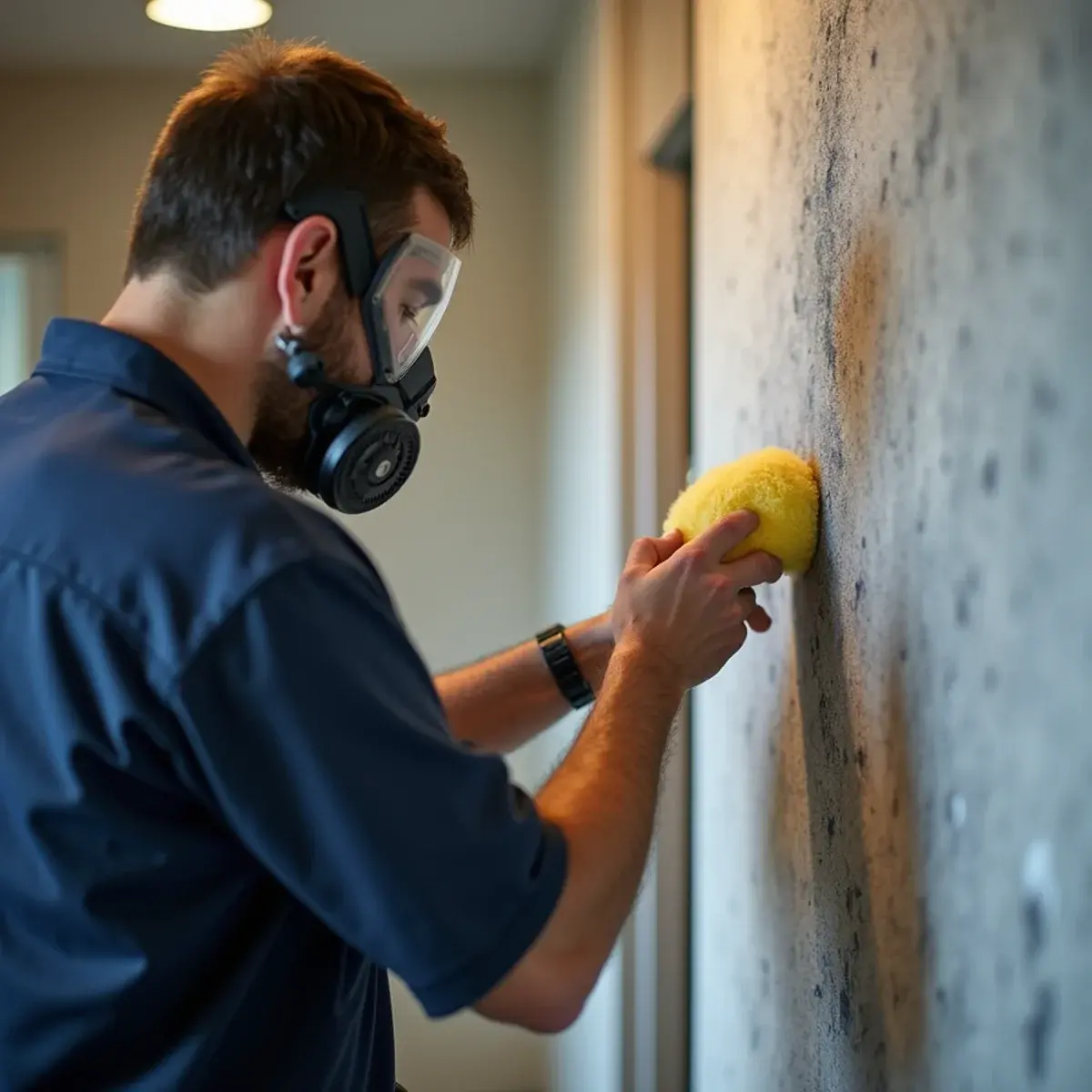 Technician dry sponging soot from a wall during fire damage restoration in north Orange County