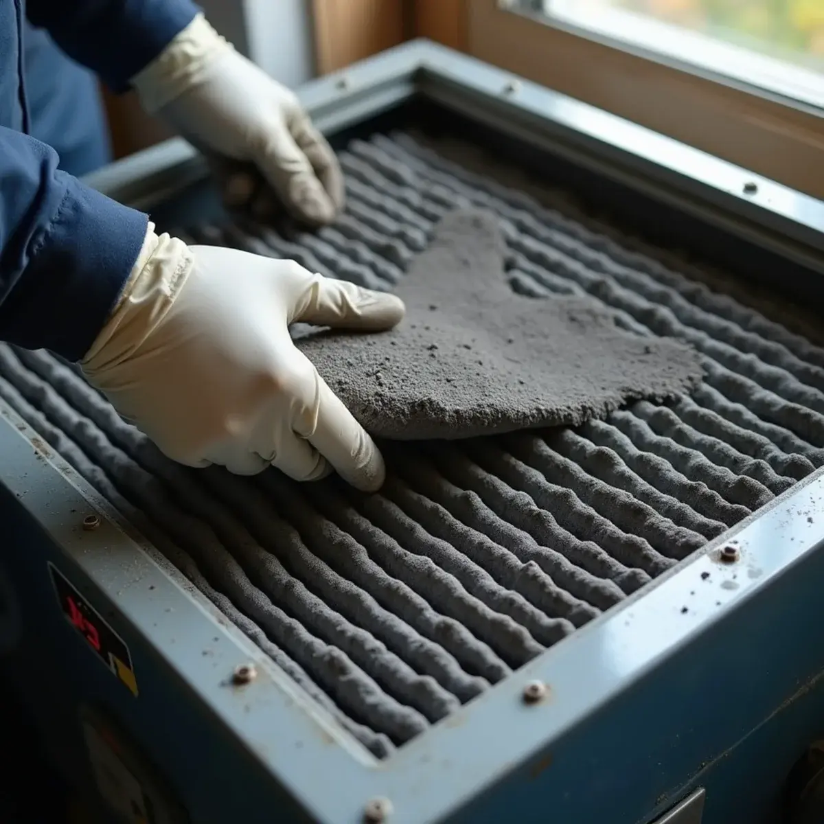 Gloved hands removing a soot-clogged HEPA filter from an air scrubber after a house fire