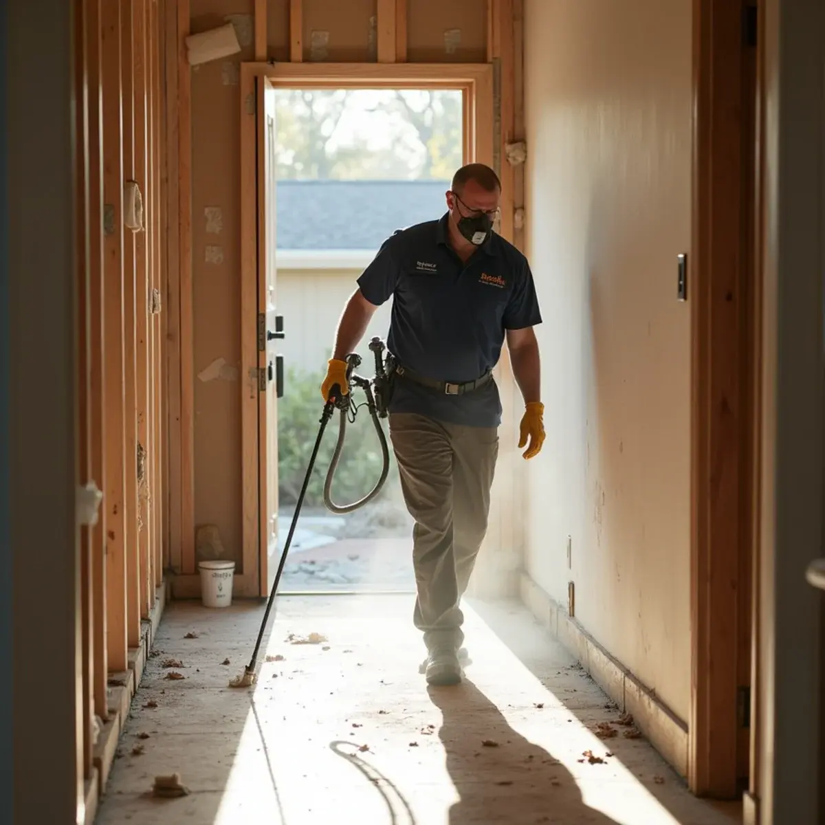 Technician applying antimicrobial disinfectant after flood cleanup in Cypress