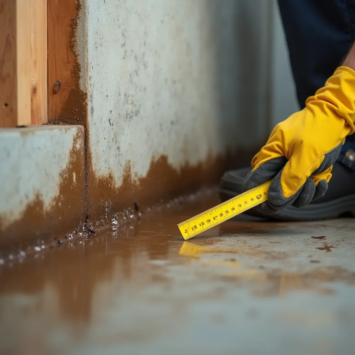 Muddy floodwater line on interior wall framing documented for a Cypress insurance claim