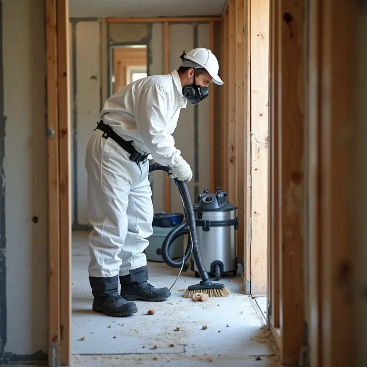 HEPA vacuuming wall framing inside containment during mold remediation in Cypress