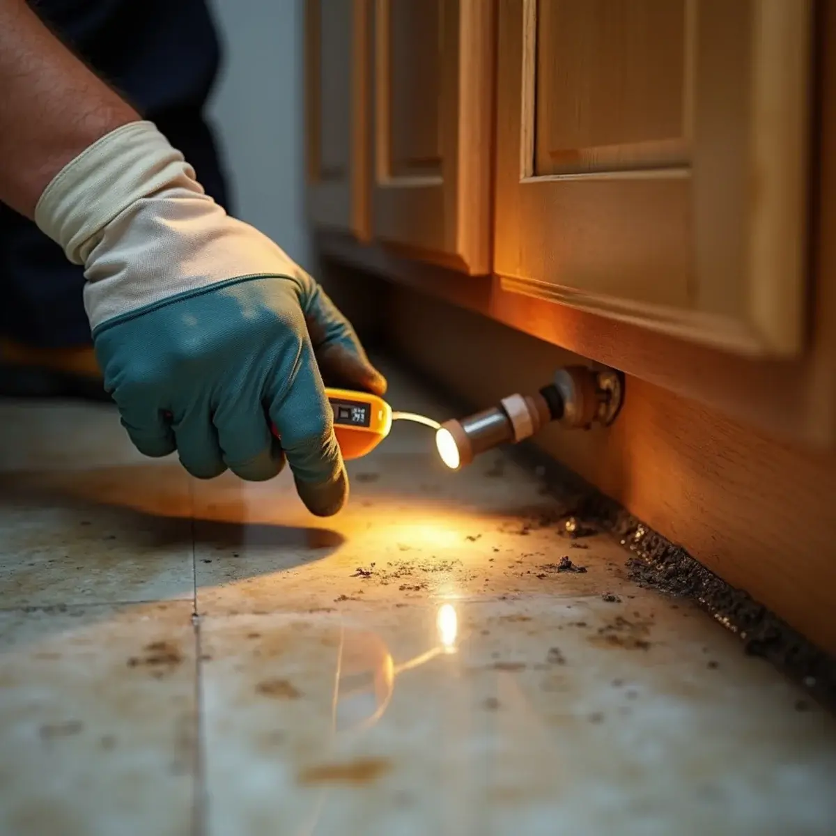 Moisture meter checking a leaking supply line under a bathroom vanity cabinet