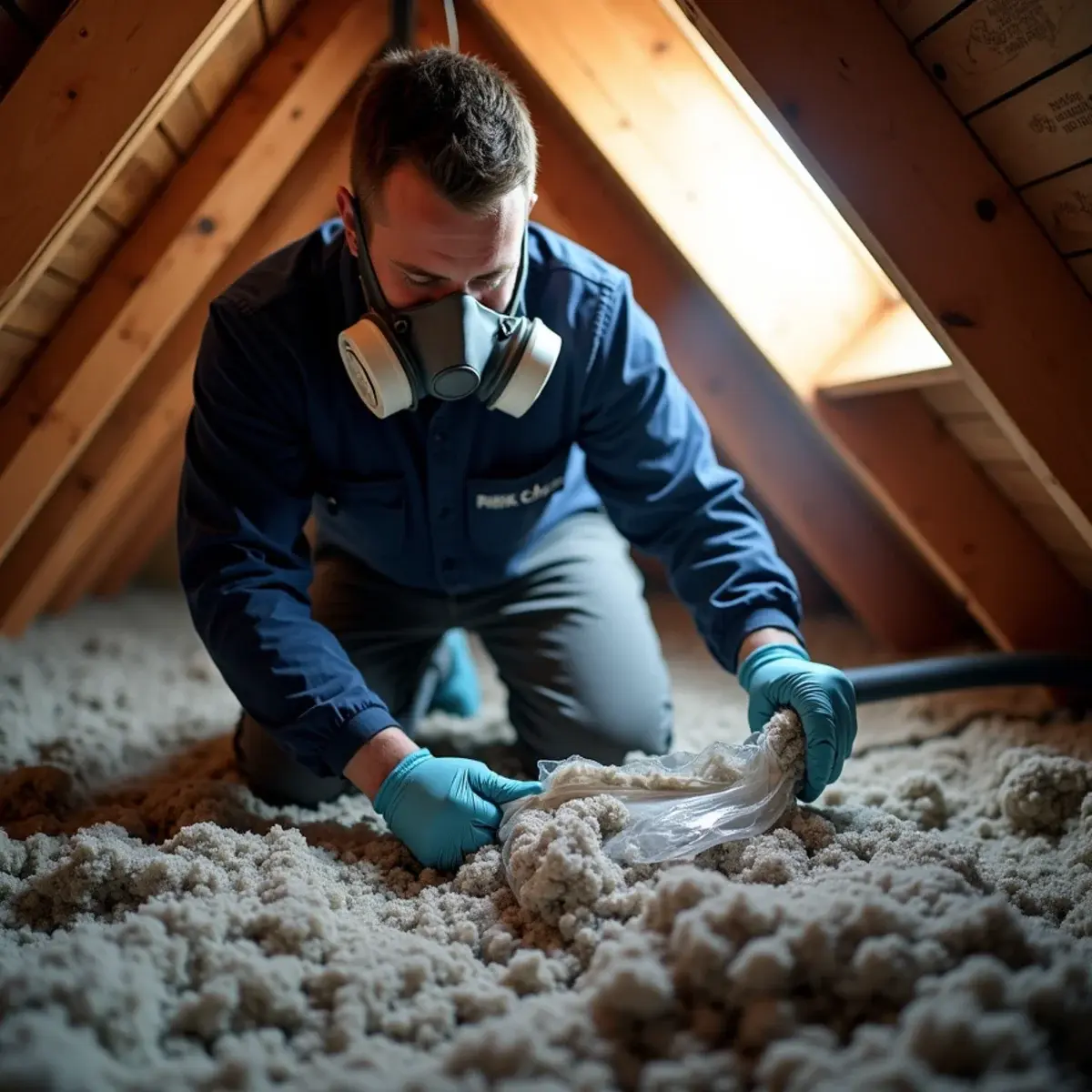 Technician bagging contaminated attic insulation during odor source removal in a Cypress ranch home