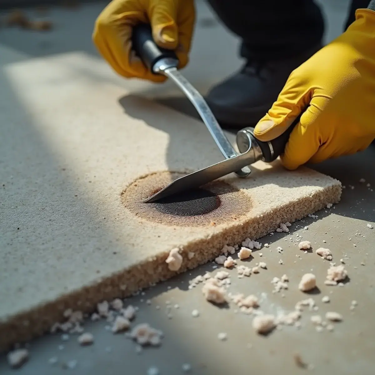Gloved hand lifting stained carpet pad to find odor residue on an Orange County slab
