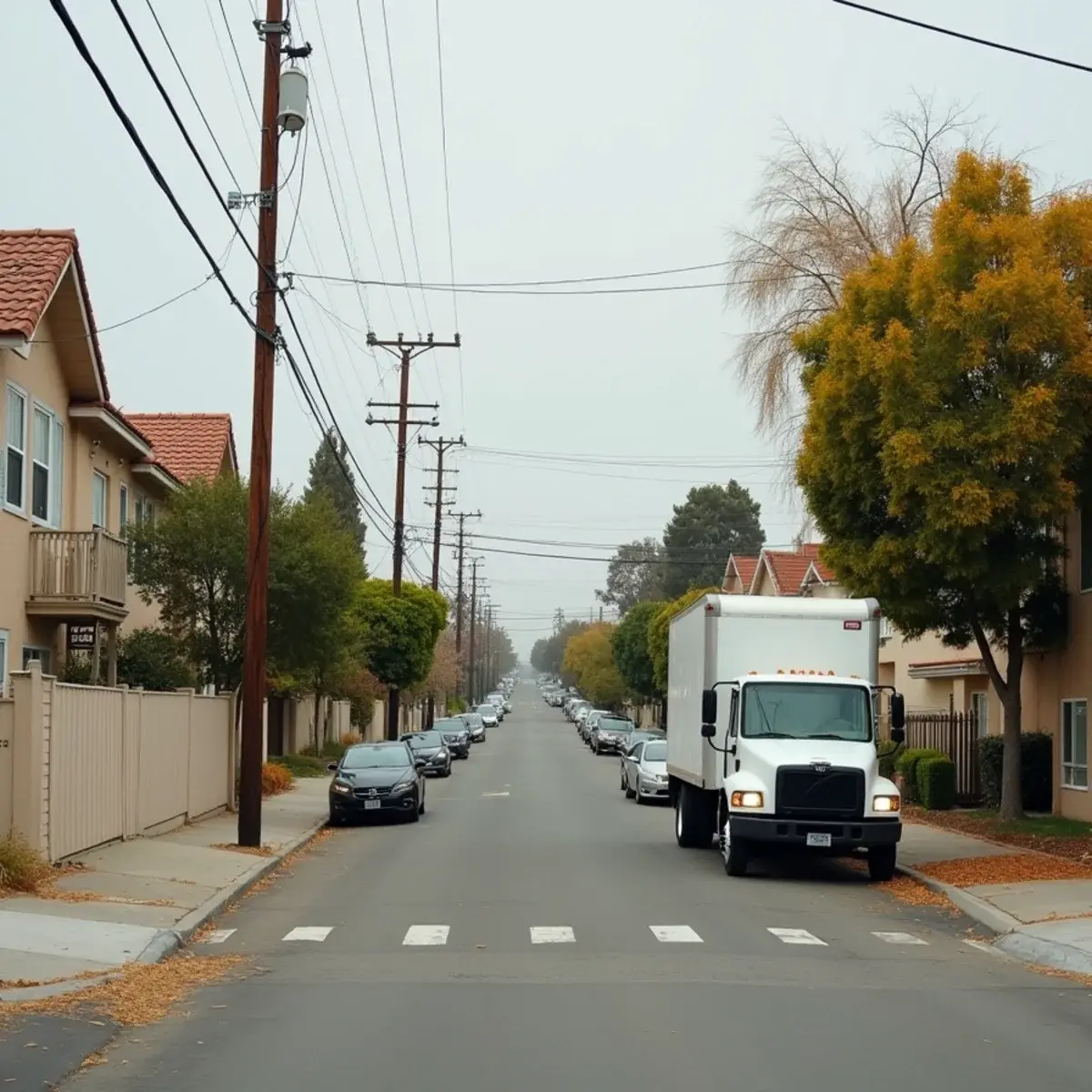 Small postwar houses and apartments on a Bellflower street with a restoration work truck at the kerb