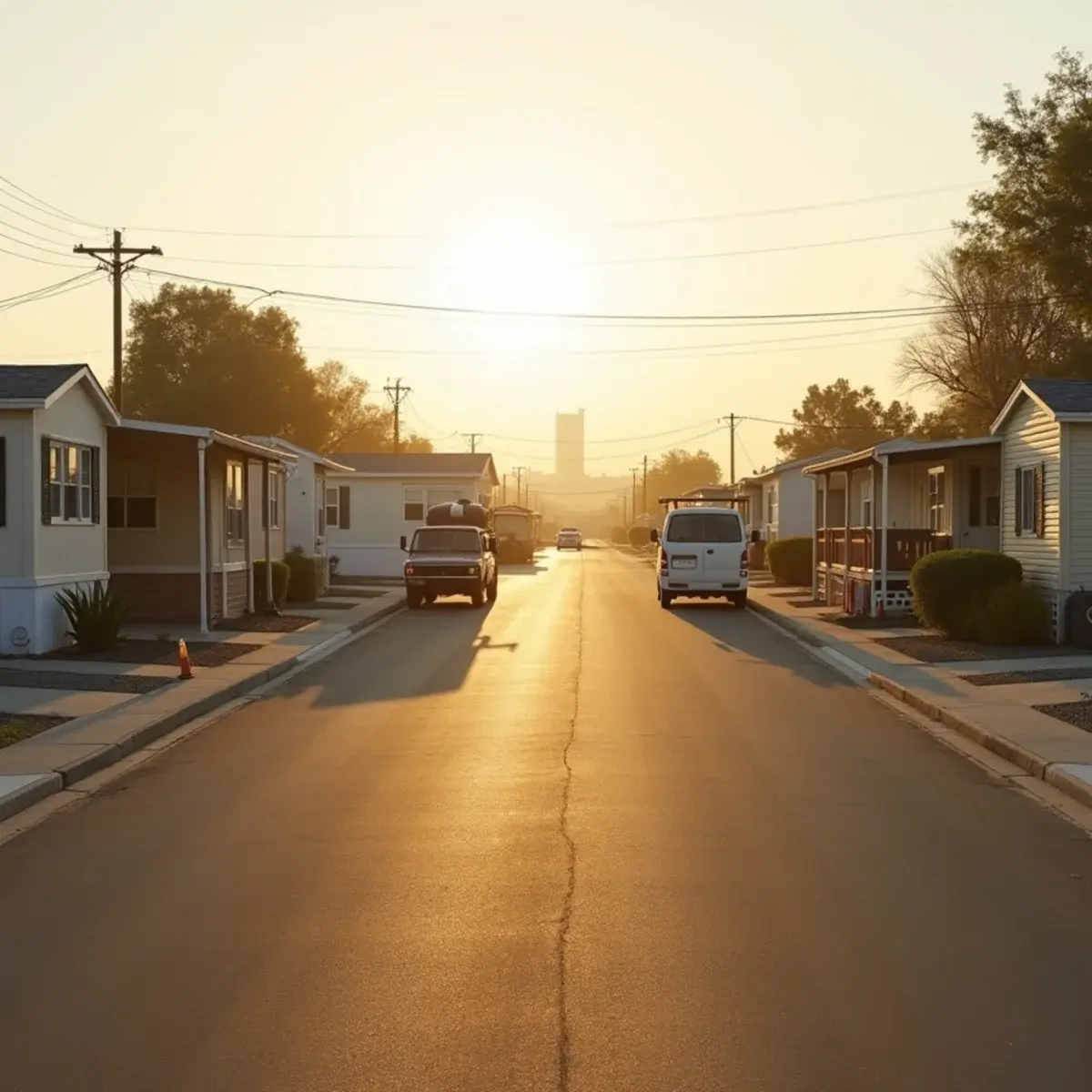 Carson mobile home community street with tract houses beyond and an unbranded restoration truck parked