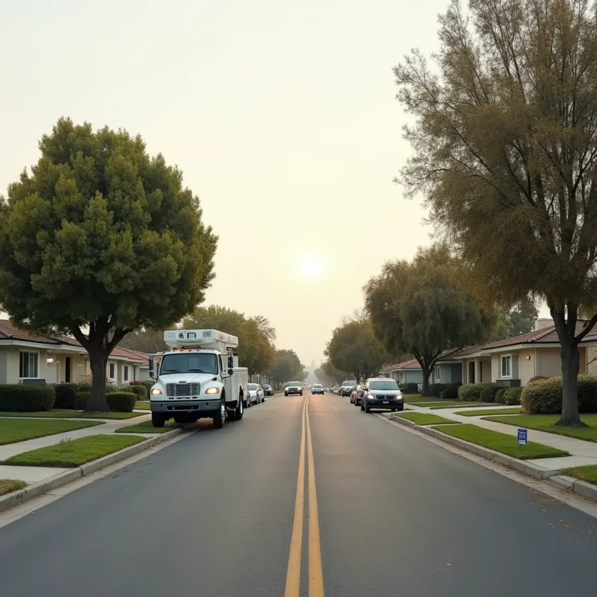 Flat Fountain Valley tract street lined with ranch homes and an unbranded restoration truck