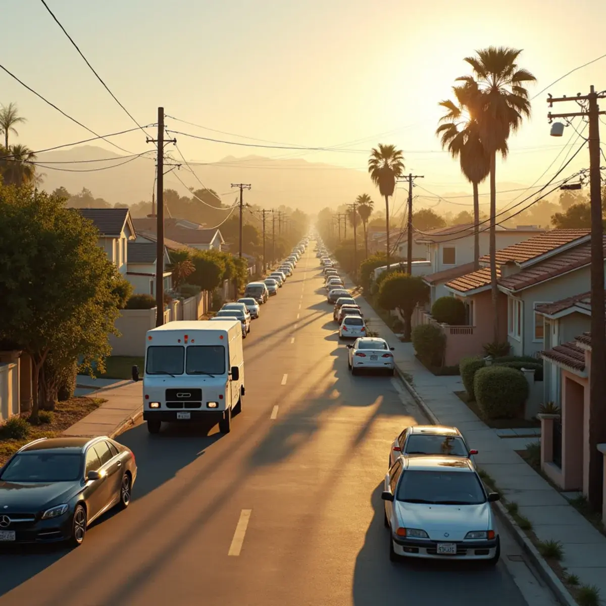 Unbranded work truck on a dense 1960s residential street in Garden Grove, Orange County