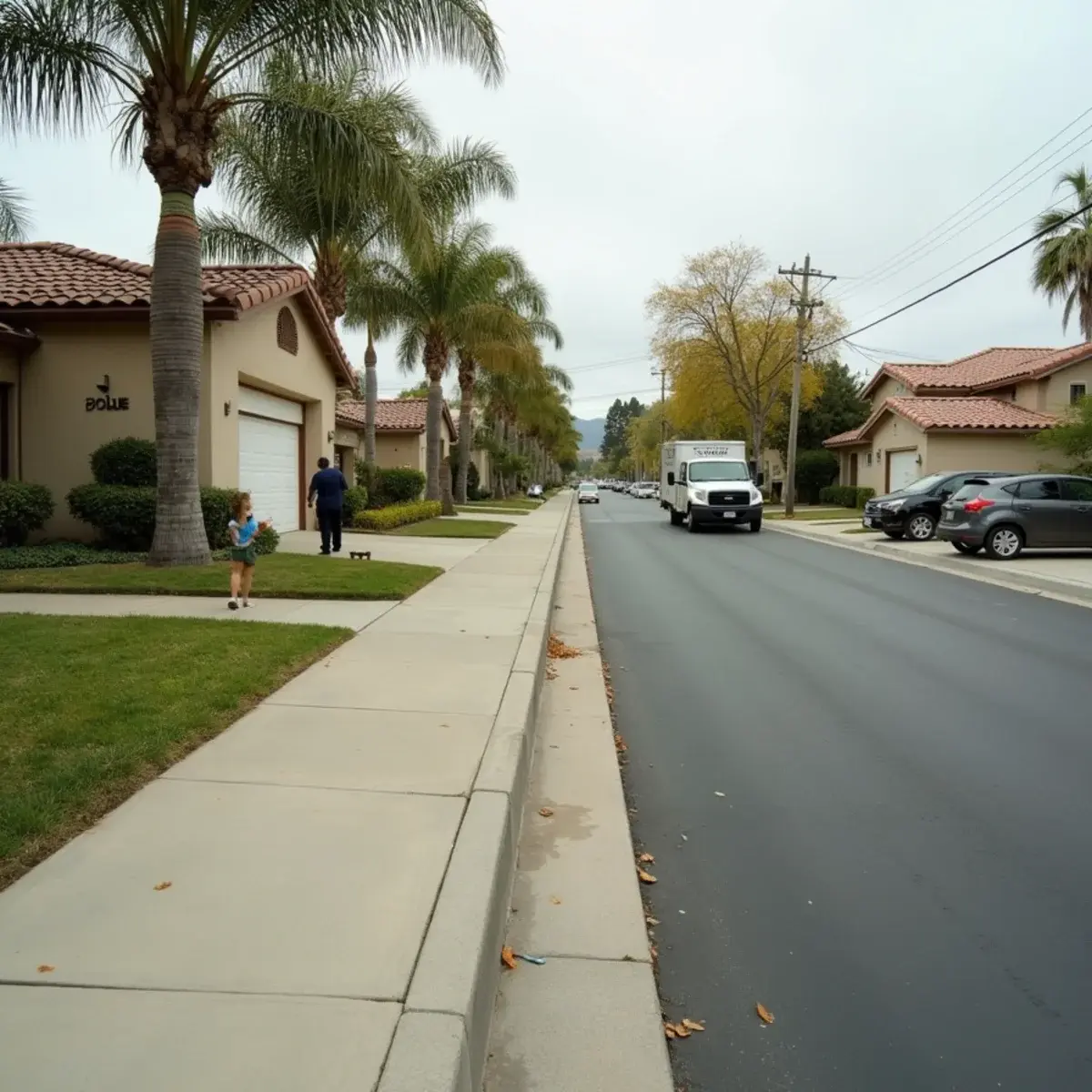 Work truck parked on a rolling La Habra street of 1960s slab tract homes and apartments