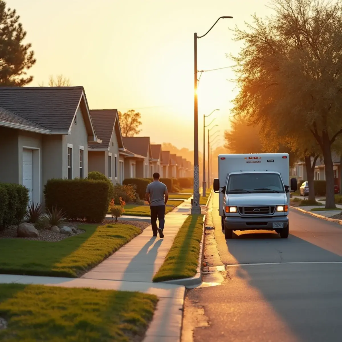 Row of identical postwar Lakewood tract houses with an unmarked work truck parked at the kerb
