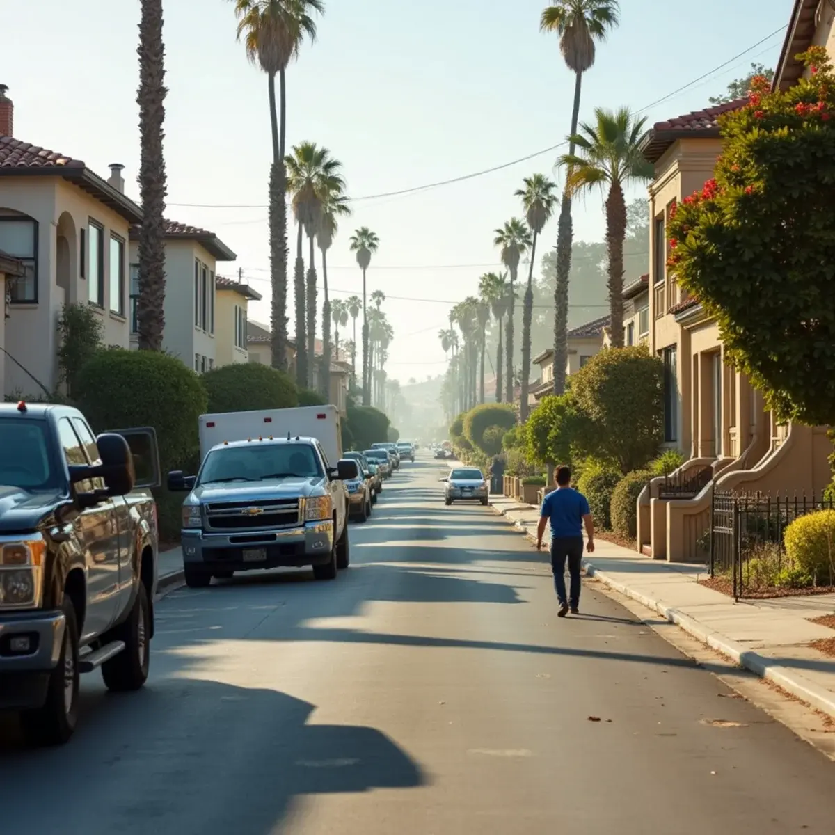 Coastal Long Beach street of Craftsman and Spanish Revival homes with an unmarked work truck at the kerb