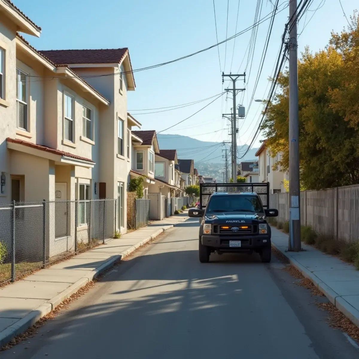 Paramount block mixing small houses, a stucco fourplex and industrial buildings with a work truck