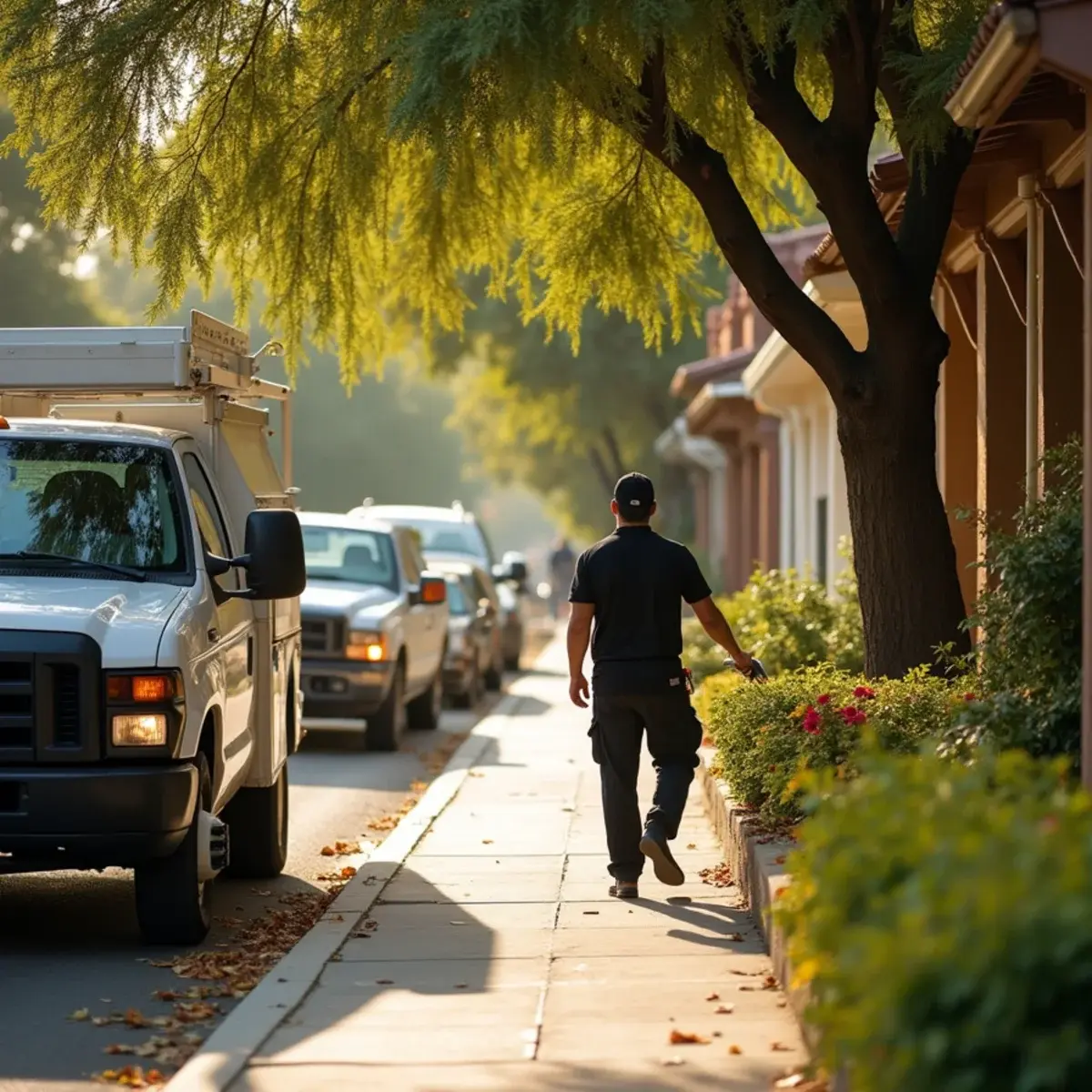 Historic Santa Ana residential street with an unbranded restoration work truck at the kerb