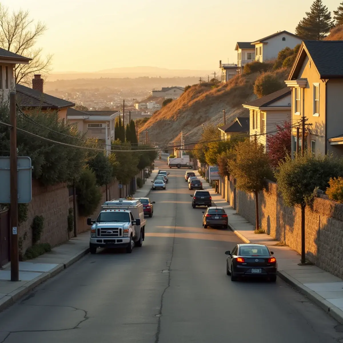 Steep Signal Hill street mixing old cottages and townhomes with a work truck at the kerb