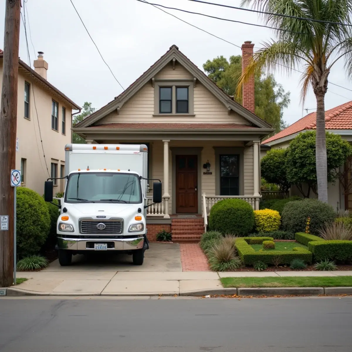 Restoration work truck on a Tustin street where Victorian and 1970s tract housing face each other