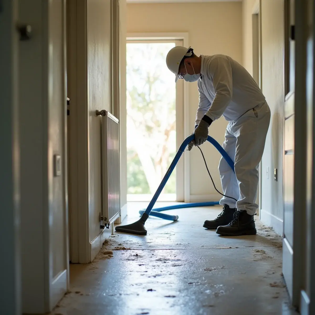 Technician in protective gear extracting sewage water from a bathroom floor in Cypress