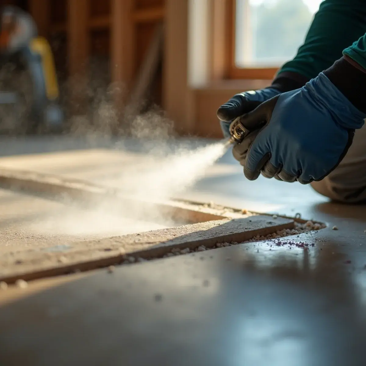 Applying antimicrobial disinfectant to exposed joists after sewage backup cleanup