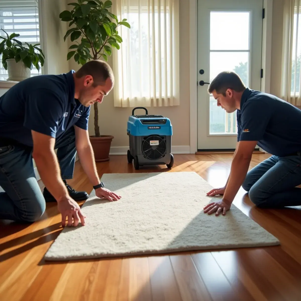 Floor mat drying system running on hardwood after a slab leak in Orange County