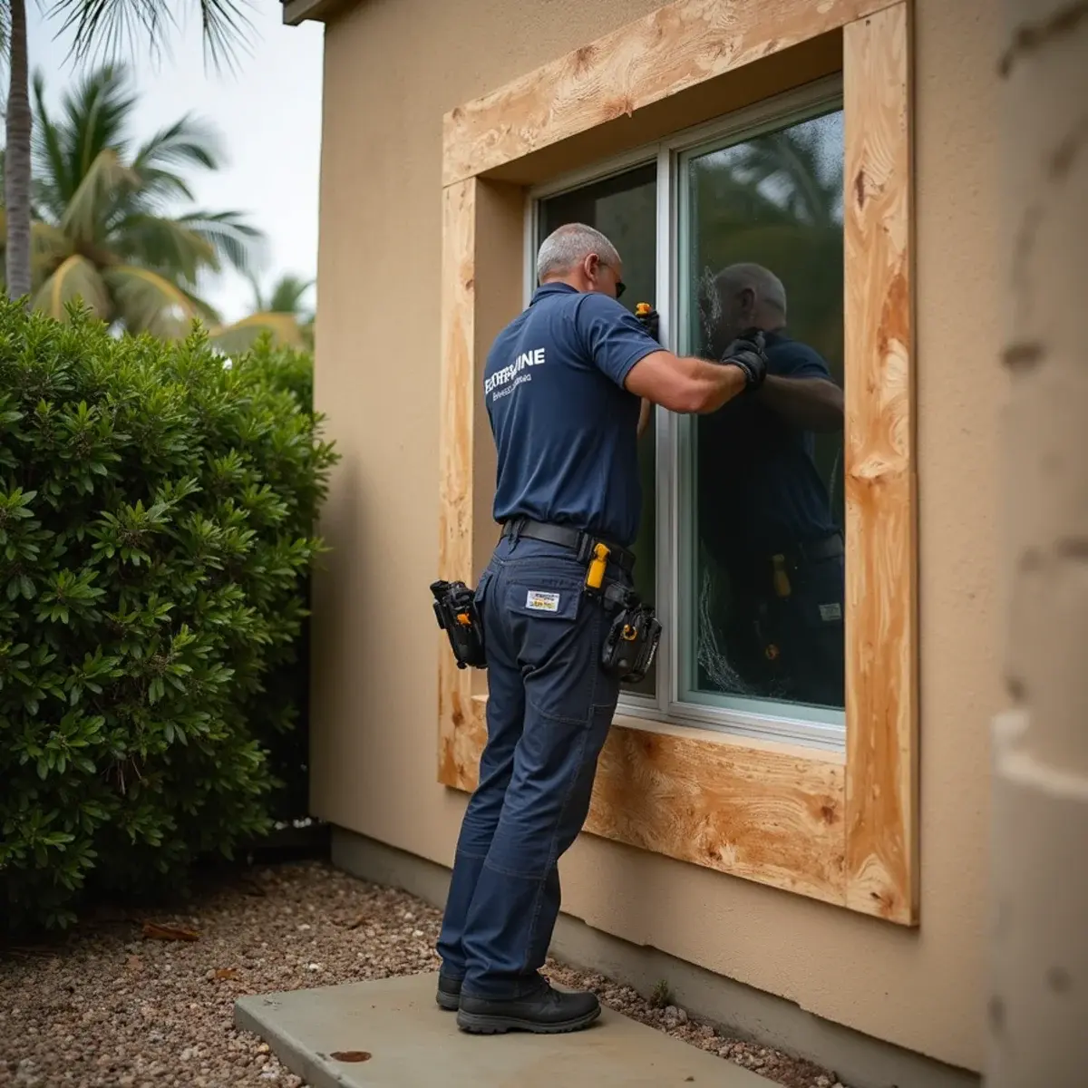Technician boarding up a broken window after storm damage at an Orange County home