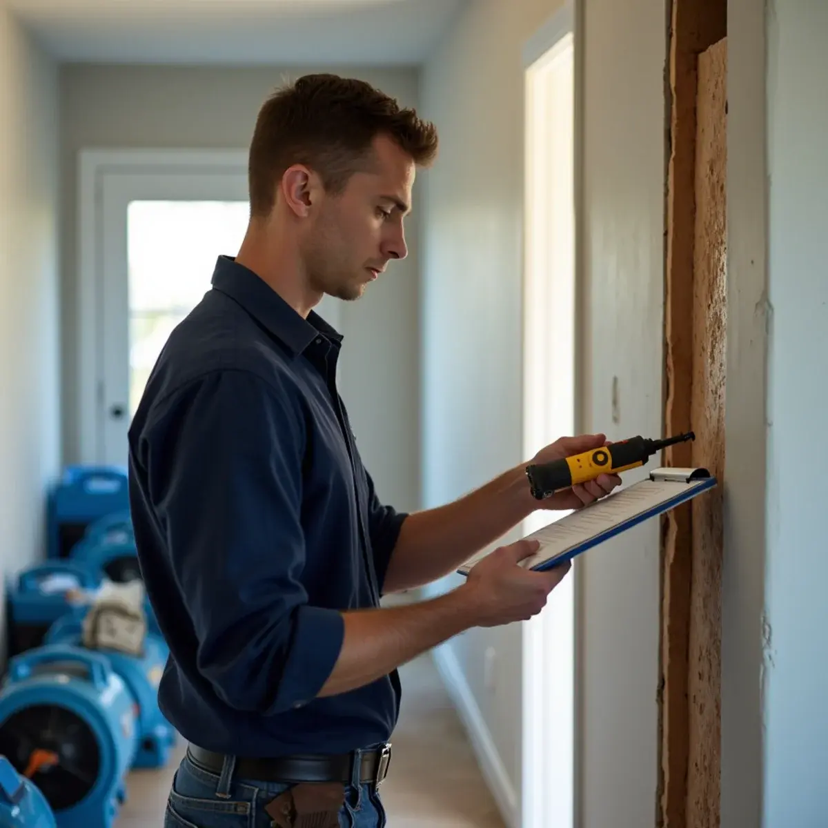 Technician logging daily moisture readings during structural drying in Cypress
