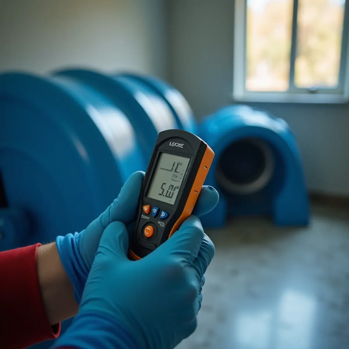 Thermo-hygrometer measuring humidity inside a Cypress structural drying chamber