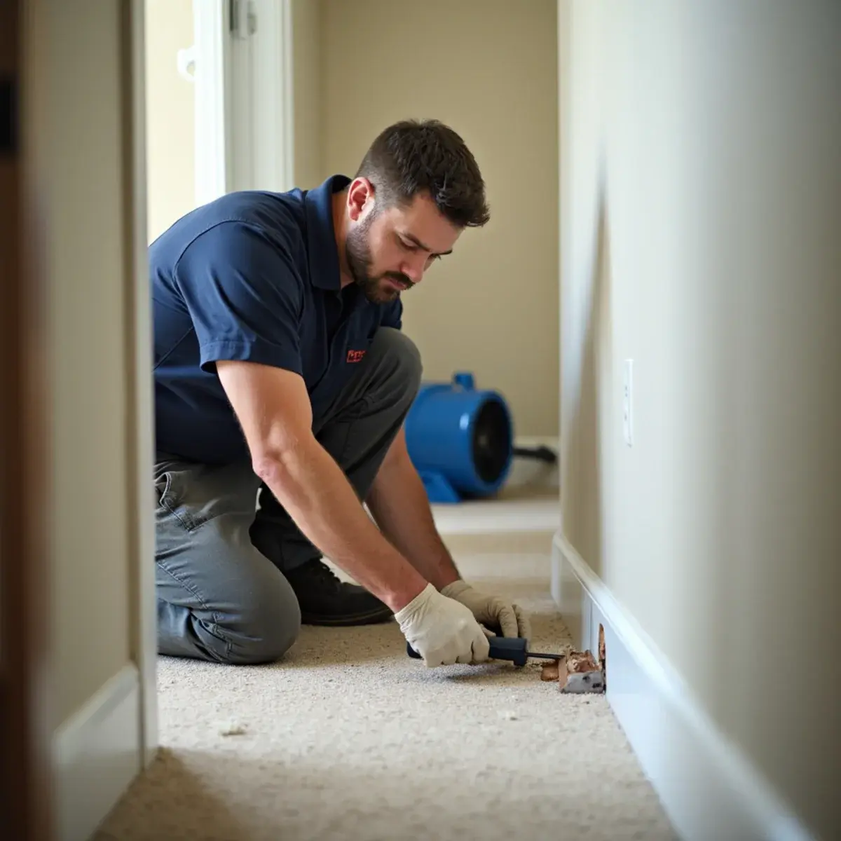 Removing swollen baseboard and drilling weep holes after a toilet overflow in Cypress