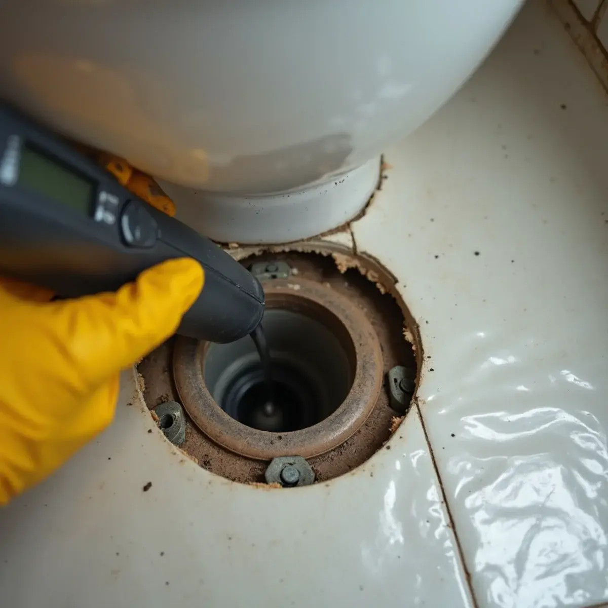 Moisture meter check at an exposed toilet flange during overflow cleanup in Orange County