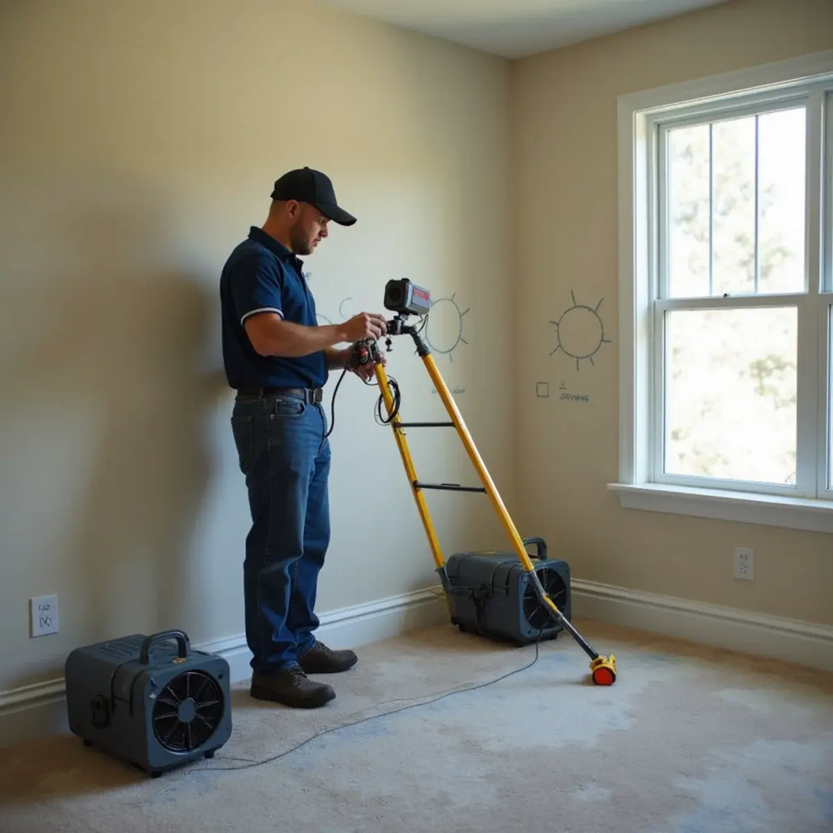 Technician mapping wet drywall and recording room measurements for a water damage insurance claim