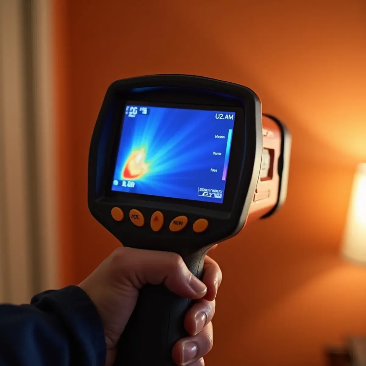 Thermal imaging camera showing hidden moisture behind a wall during Orange County claim documentation