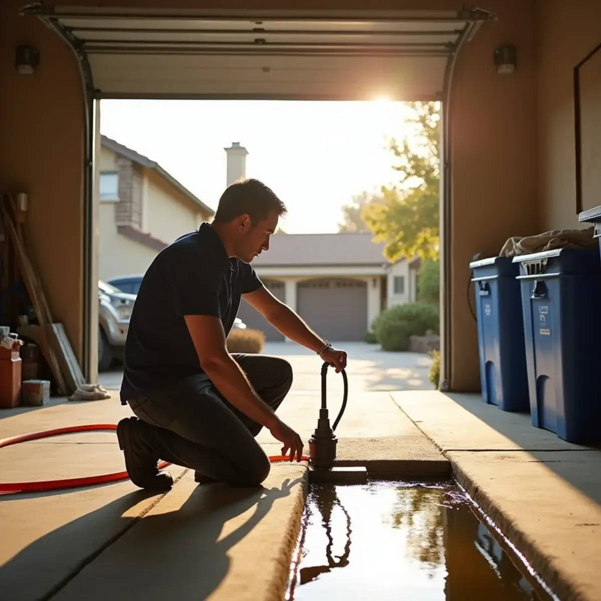 Crew running a submersible pump to remove standing floodwater from a Cypress garage