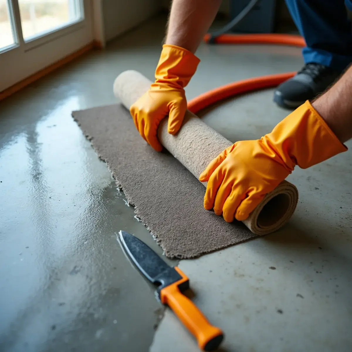 Saturated carpet pad cut and removed during water removal service in Cypress