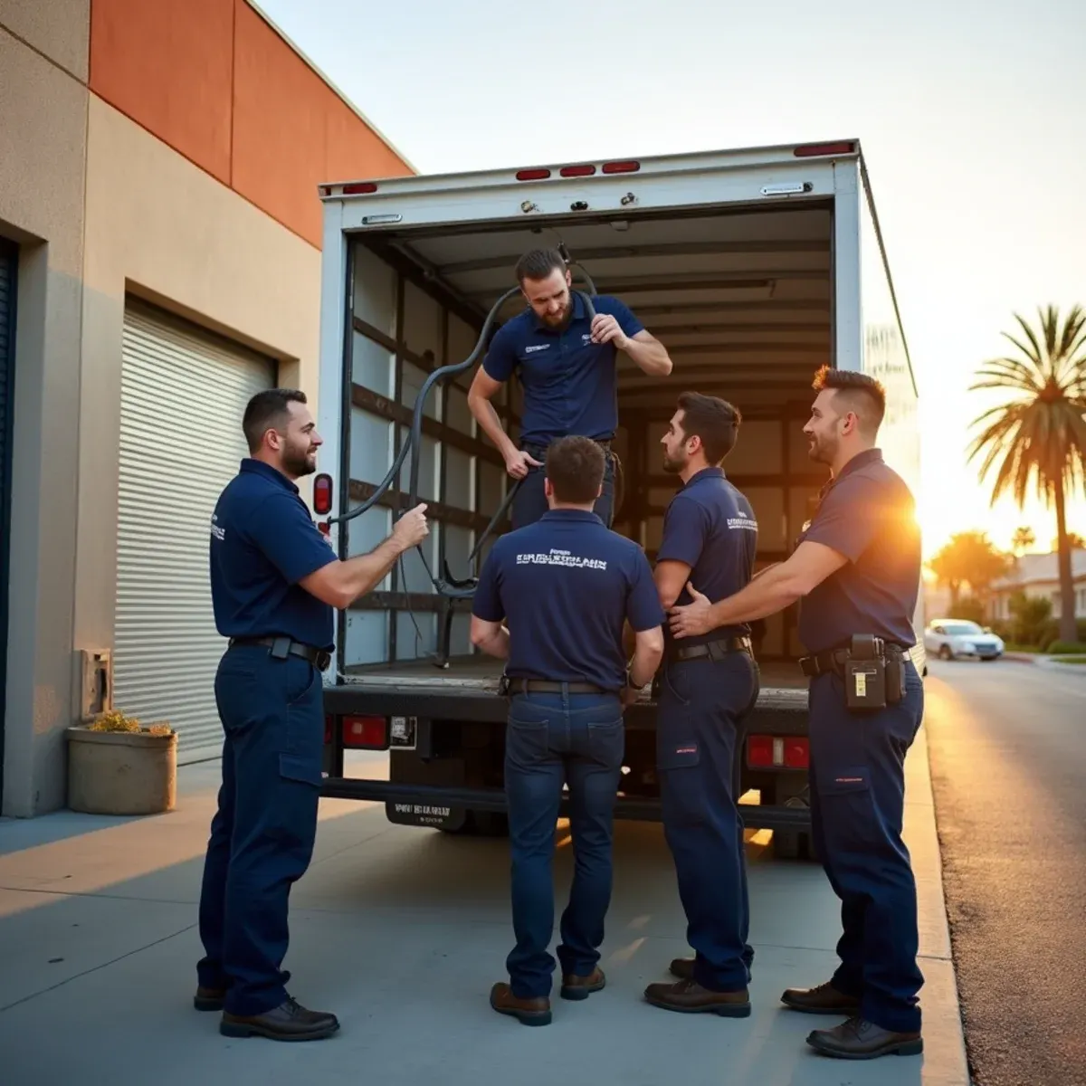 Water damage restoration crew loading their truck outside their Cypress California shop in late afternoon